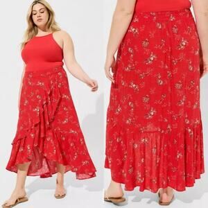 Torrid Maxi Swiss Dot Ruffle Hi-Low Skirt Joy Paisley Adrenaline Rush Red Sz 1X